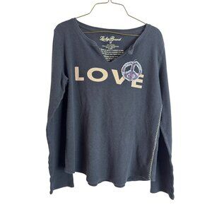 Y2k Lucky Brand Navy LOVE Long Sleeve Thermal Top Peace Sign Women's Size XL